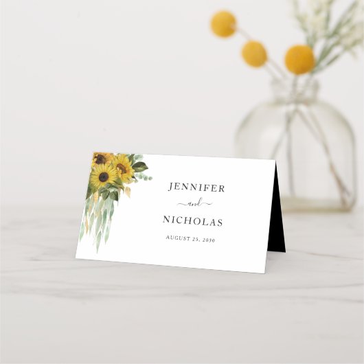 黒モダンと白のひまわり結婚の プレイスカード (裏面)