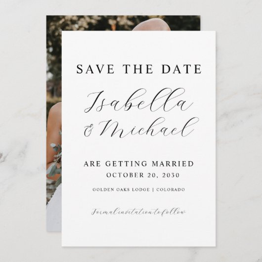 黒モダンと白のオーバーレイ結婚写真 セーブザデート (正面/裏面)