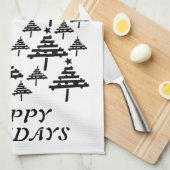 黒モダンと白のクリスマスツリーパターン キッチンタオル (四つ折り)