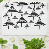 黒モダンと白のクリスマスツリーパターン キッチンタオル (折り畳み)