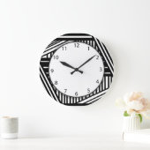 黒モダンと白のクロスハストライプッチ ラージ壁時計 (ホーム)