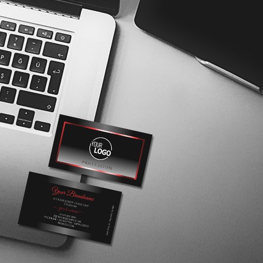 黒モダンと白のグラデーションの赤い枠にロゴを追加 名刺