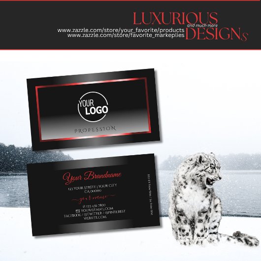 黒モダンと白のグラデーションの赤い枠にロゴを追加 名刺