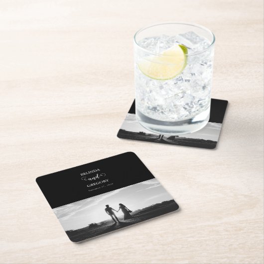 黒モダンと白のスクリプトのカップルの写真結婚 スクエアペーパーコースター (インサイチュ)