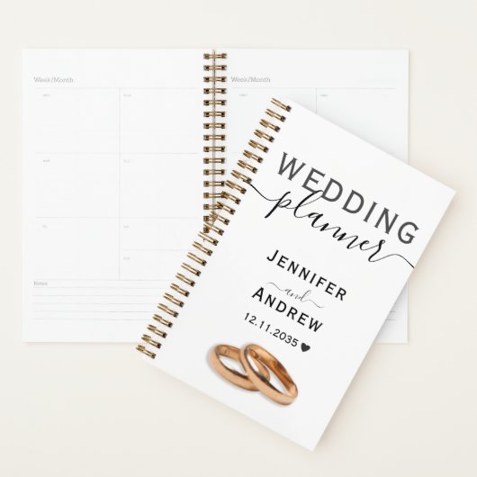 黒モダンと白のスクリプト(リングや輪付き結婚) プランナー手帳 (ディスプレー)