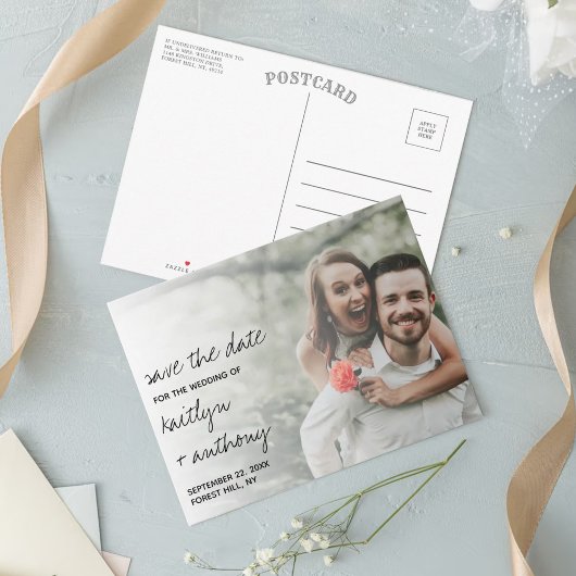 黒モダンと白のスクリプミニマルト写真 案内ポストカード