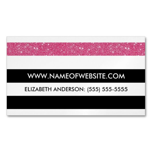 黒モダンと白のストライプピンクフェイクグリッツ マグネット名刺 (正面)