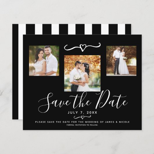 黒モダンと白のストライプ写真日付の保存 (正面/裏面)