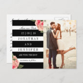 黒モダンと白のストライプ日付の保存 案内ポストカード (正面/裏面)