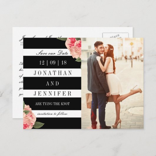 黒モダンと白のストライプ日付の保存 案内ポストカード (正面/裏面)