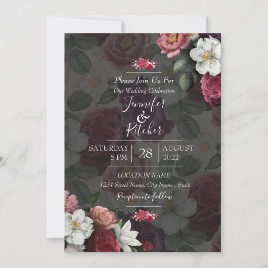 黒モダンと白のテーマとブルゴーニュの花 招待状 (正面)