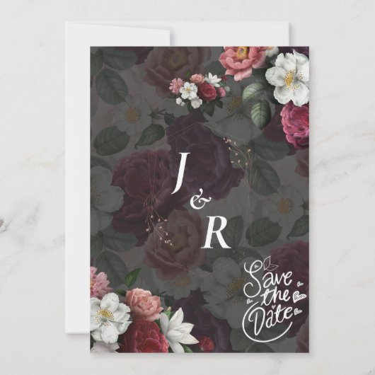 黒モダンと白のテーマとブルゴーニュの花 招待状 (裏面)