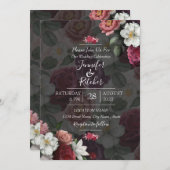 黒モダンと白のテーマとブルゴーニュの花 招待状 (正面/裏面)