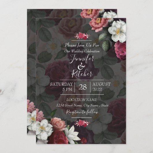 黒モダンと白のテーマとブルゴーニュの花 招待状 (正面/裏面)