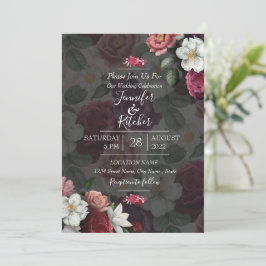 黒モダンと白のテーマとブルゴーニュの花 招待状