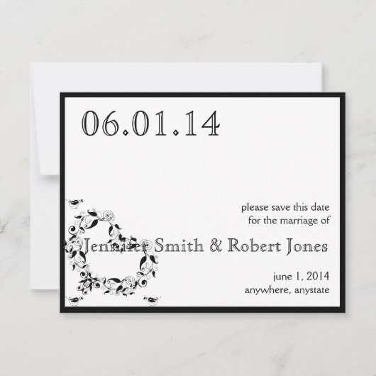 黒モダンと白のハート日付の保存 セーブザデート (正面)