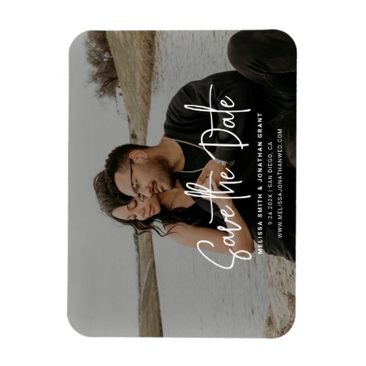 黒モダンと白のフォトスクリプト日付を保存 マグネット (縦)