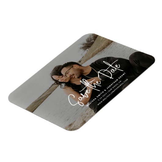 黒モダンと白のフォトスクリプト日付を保存 マグネット (左側)