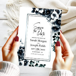 黒モダンと白のフローラ日付の保存 招待状