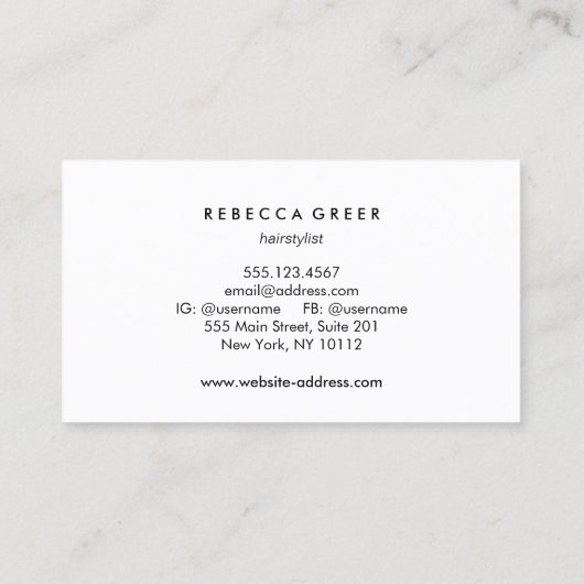 黒モダンと白のヘアスタイリストコームのヘアサロン 名刺 (裏面)