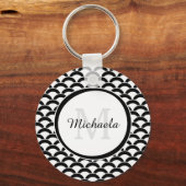 黒モダンと白のホタテのモノグラムと名前 キーホルダー (正面)