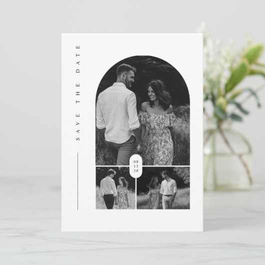 黒モダンと白の写真のコラージュ日付を保存 招待状 (スタンド正面)