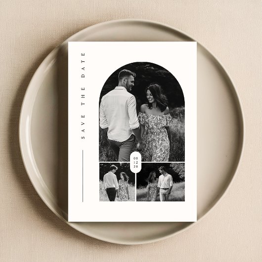 黒モダンと白の写真のコラージュ日付を保存 招待状