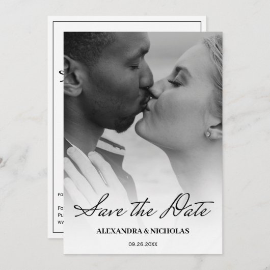 黒モダンと白の写真の日付の保存 セーブザデート (正面/裏面)