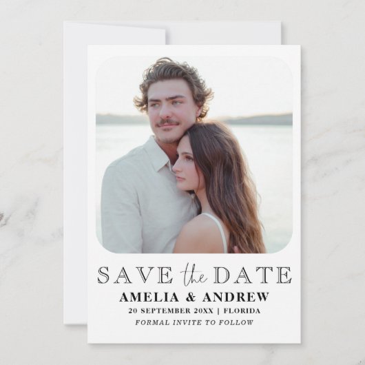 黒モダンと白の写真日付を保存 セーブザデート (正面)