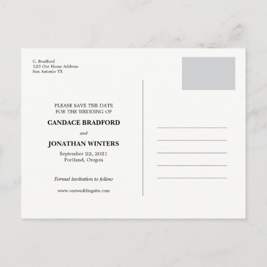 黒モダンと白の写真日付を保存 案内ポストカード (裏面)