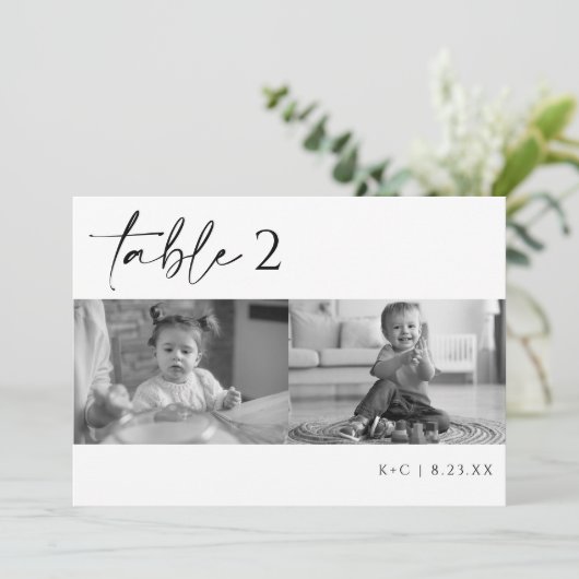 黒モダンと白の写真結婚の表番号 招待状 (スタンド正面)