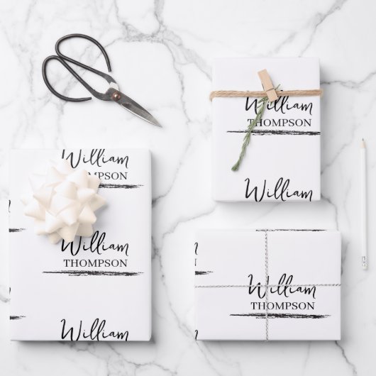 黒モダンと白の名モノグラムの前 ラッピングペーパーシート (正面)