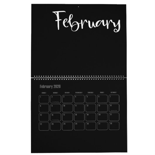 黒モダンと白の塗りつぶし カレンダー (2月 2026)