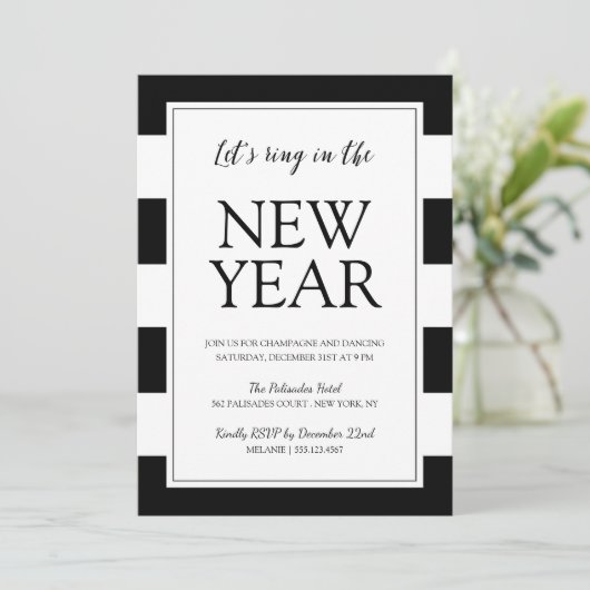 黒モダンと白の大晦日パーティー招待状 招待状 (スタンド正面)