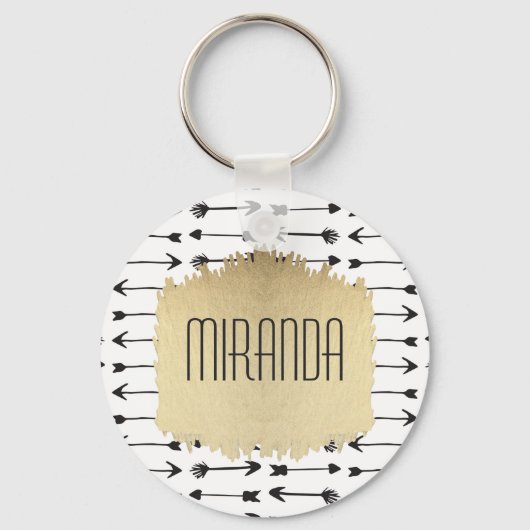 黒モダンと白の手描き矢印モノグラム キーホルダー (正面)