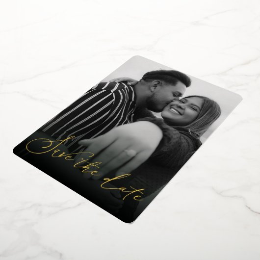 黒モダンと白の日付の保存 箔招待状 (回転した状態)