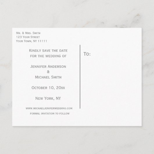 黒モダンと白の日付を保存結婚する 案内ポストカード (裏面)