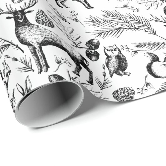 黒モダンと白の森林動物の手描き ラッピングペーパー (ロールコーナー)