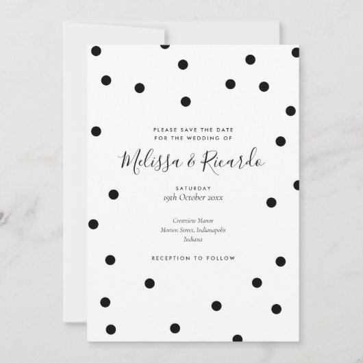 黒モダンと白の水玉模様日付の保存 招待状 (正面)