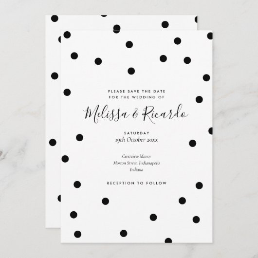 黒モダンと白の水玉模様日付の保存 招待状 (正面/裏面)