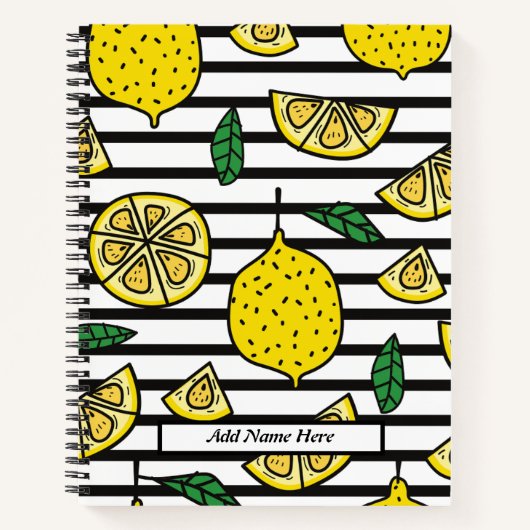 黒モダンと白の背景にレモストライプのン ノートブック (正面)