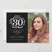 黒モダンと白の葉のパターン30th誕生日 招待状 (正面)