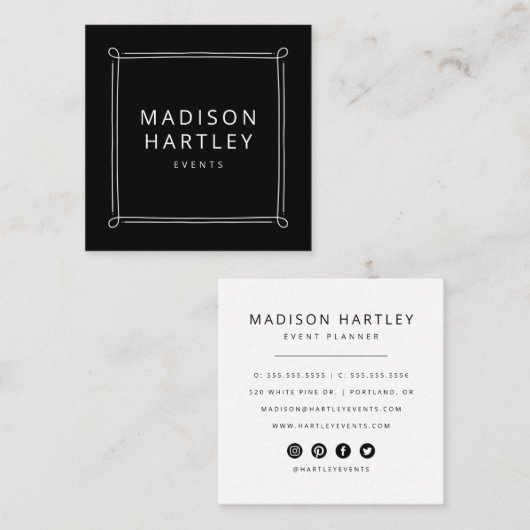 黒モダンと白の装飾正方形フレーム スクエア名刺 (正面/裏面)