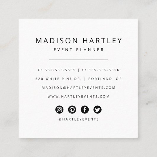 黒モダンと白の装飾正方形フレーム スクエア名刺 (裏面)