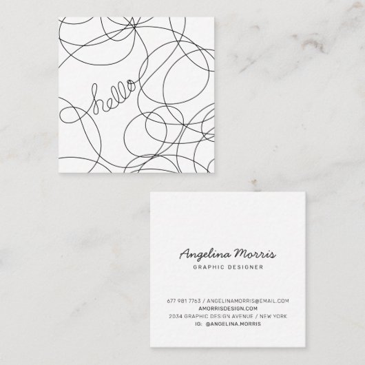黒モダンと白のhelloスクリプトタイポグラフィ スクエア名刺 (正面/裏面)