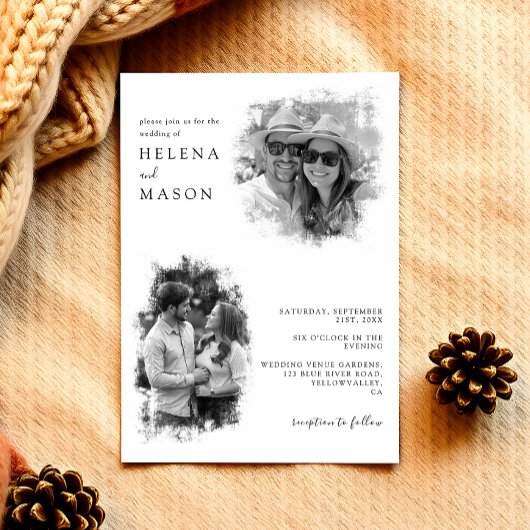 黒モダンと白2枚の写真結婚 招待状