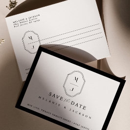 黒モダンと白Save the Date Monogram Crest ポストカード
