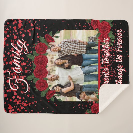 黒モダンと赤のバラ家族の写真タイポグラフィ シェルパブランケット (正面(横))