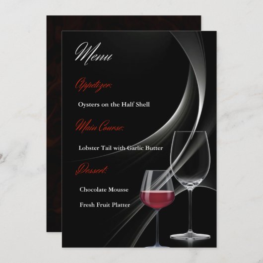 黒モダンと赤のワイングラス結婚のメニューカード メニュー (正面/裏面)