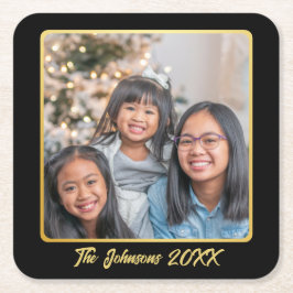 黒モダンと金ゴールドのお祝い写真 スクエアペーパーコースター